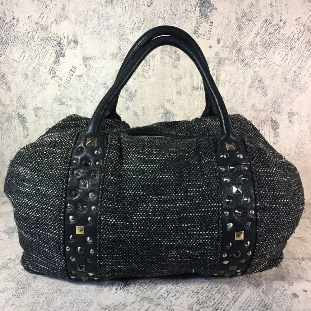 MZ Wallace Lillian Draper Tweed Satchel Leather Trim Studded Shoulder Bag